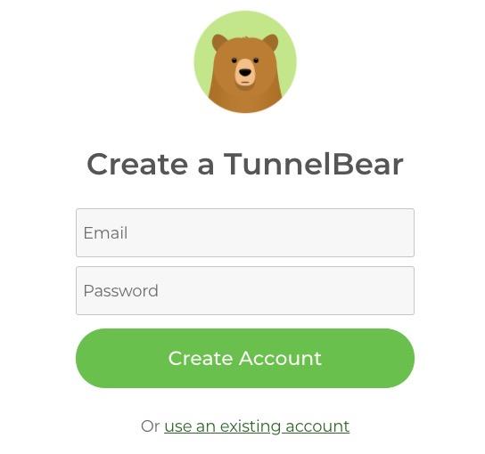 Форма регистрации в TunnelBear