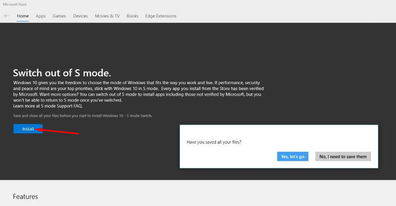 Отключение S-режима через Microsoft Store в Windows 10