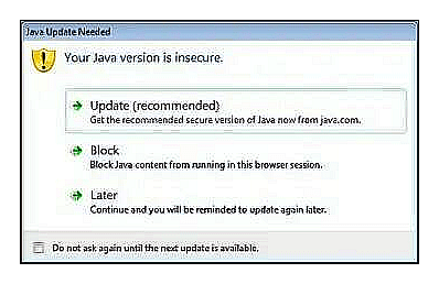 сообщение о том, что нужно обновить Java
